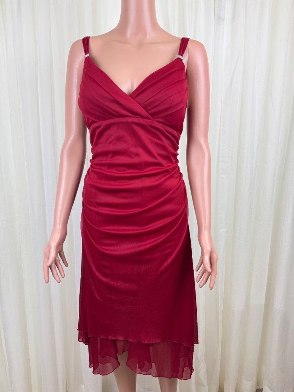 Y2K Scarlett Nite Red Ruched High Low Dress Rhinestone Accent Straps Petite 10P
